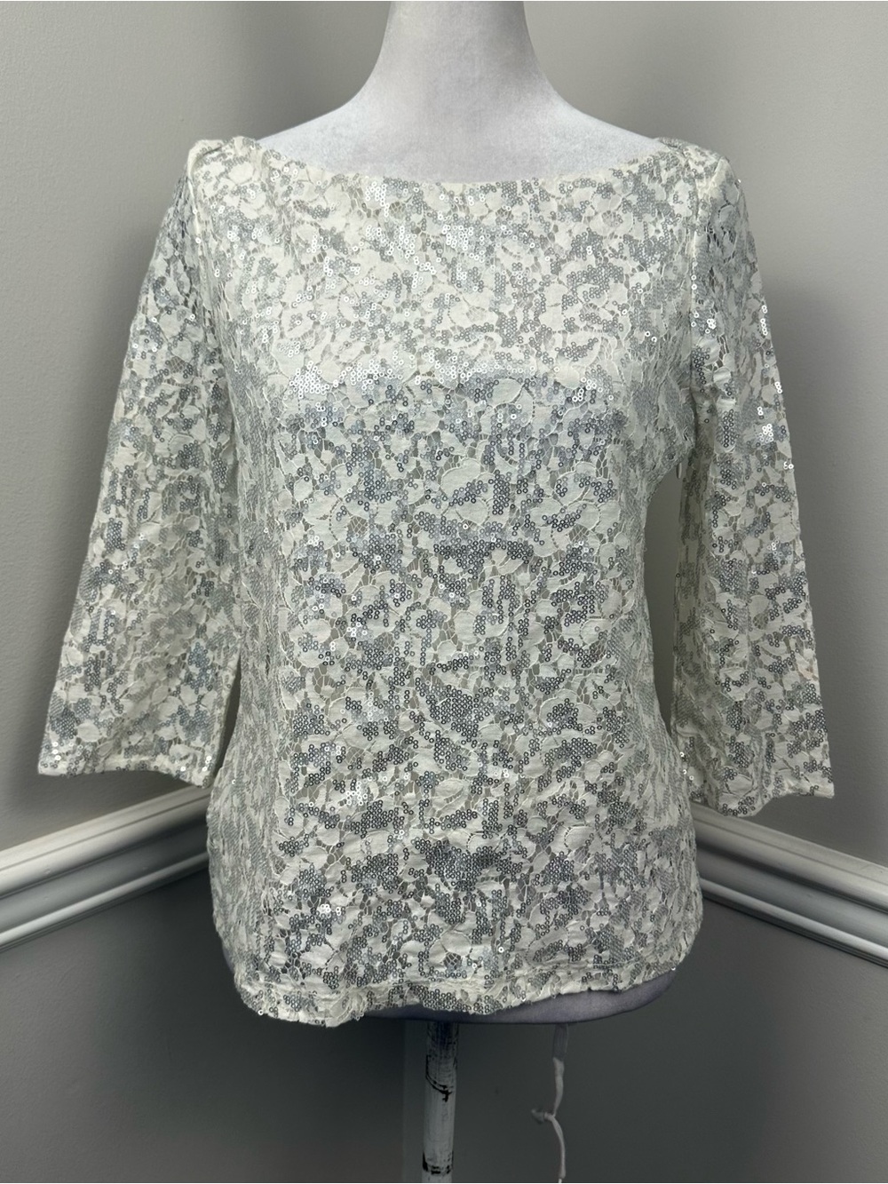 Banana Republic Ivory Sequin Lace Boatneck Blouse Top 4P